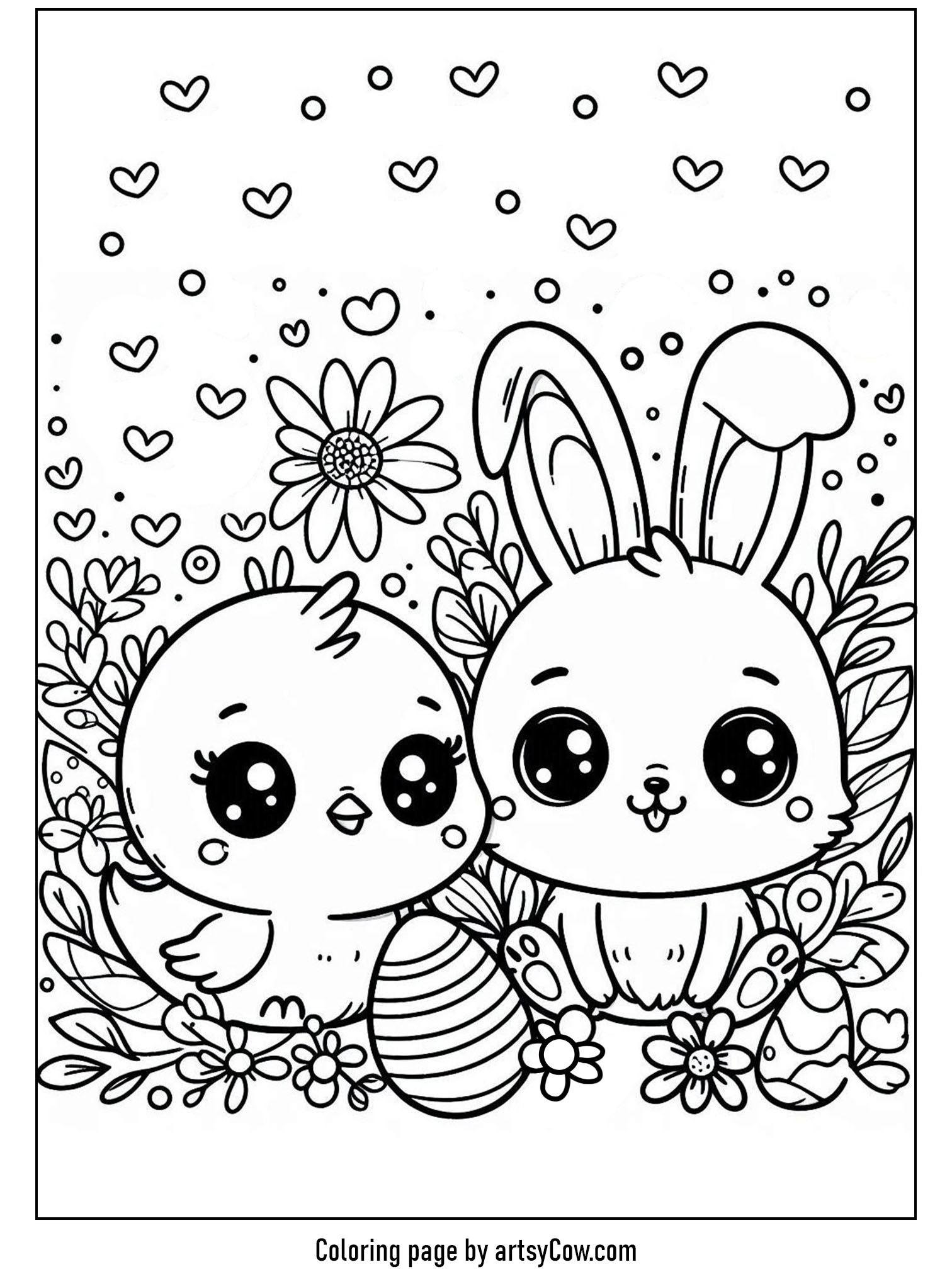 Easter coloring pages for kids featuring an adorable chick and bunny with Easter eggs surrounded by flowers and hearts.